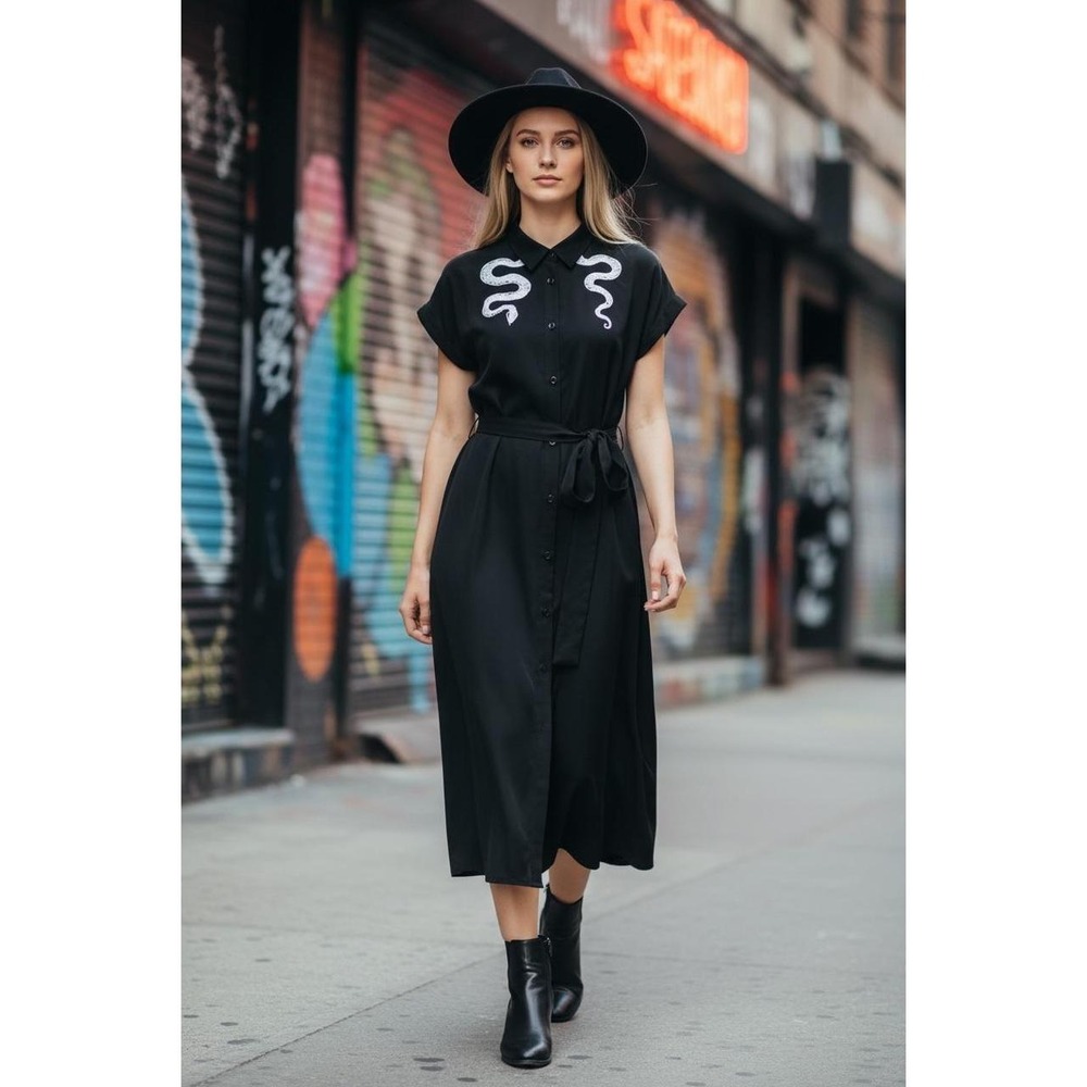Gothic Snake Embroidered Button Front Belted Midi Shirt Dress L Black Whimsigoth